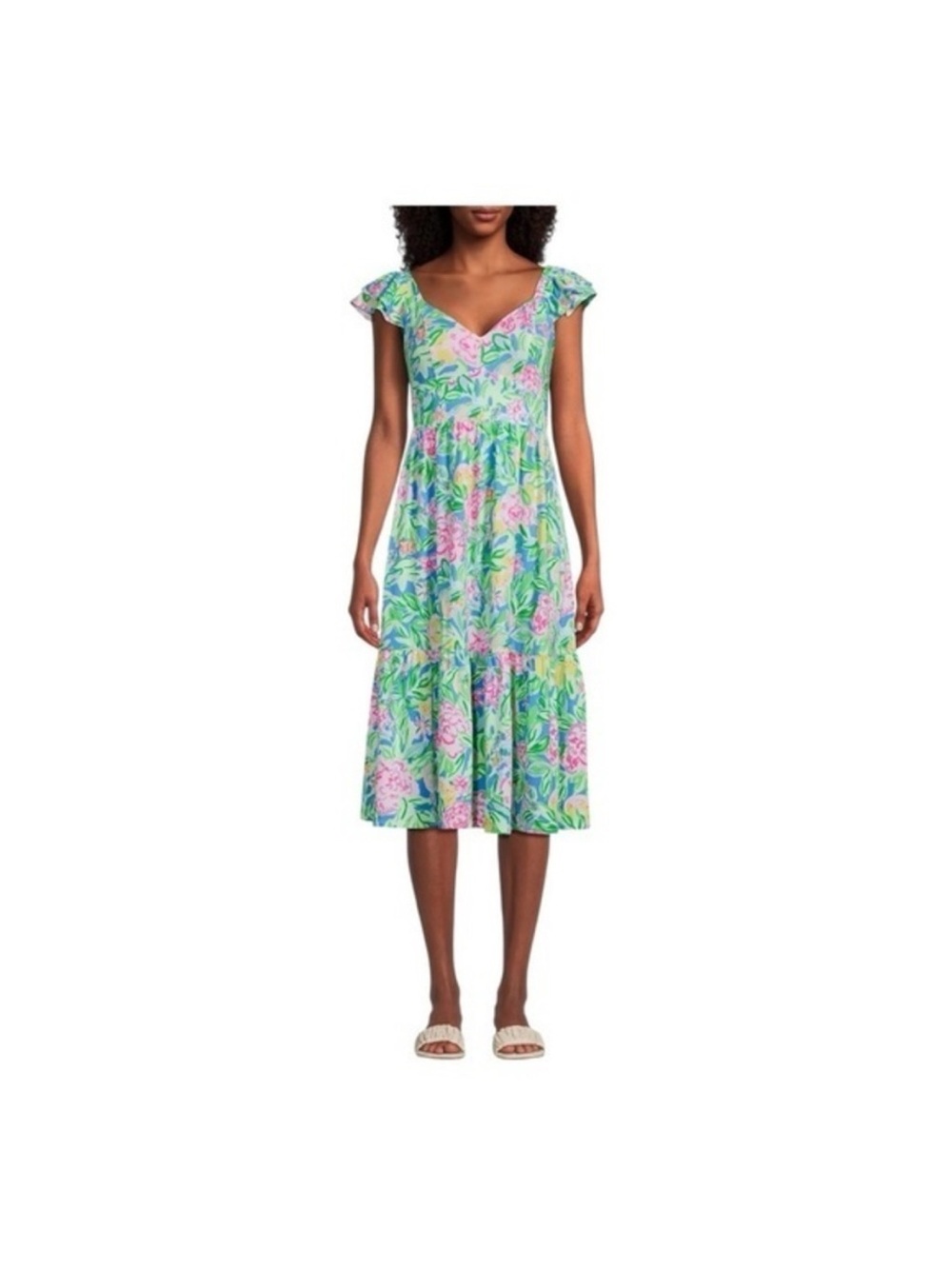 Floral V-Neck Midi Dress in Mint and Pink